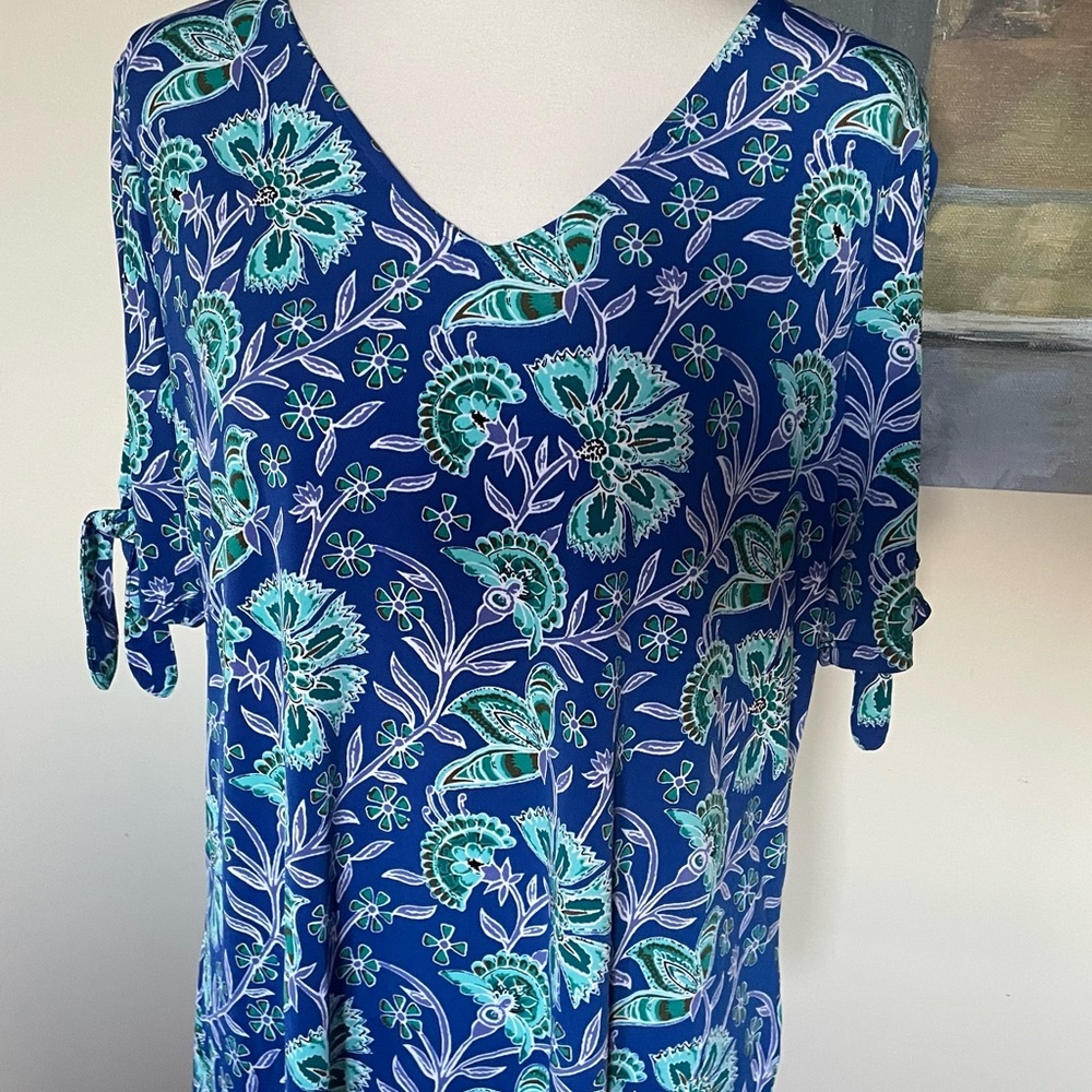 Blue and Green Relaxed Tie Front Blouse with 3/4 Sleeves